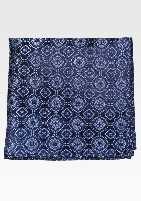 Navy Pocket Square with Silver Gray Medallions