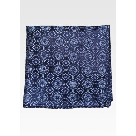 Navy Pocket Square with Silver Gray Medallions