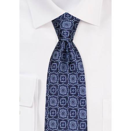 Large Woven Medallion Designer Tie in Navy and Silver