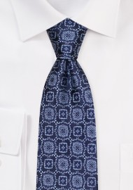 Large Woven Medallion Designer Tie in Navy and Silver