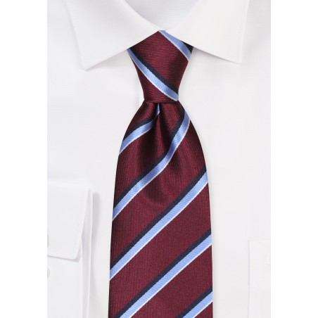 Maroon Extra Long Neck Tie with Stripes in Navy and Sky Blue