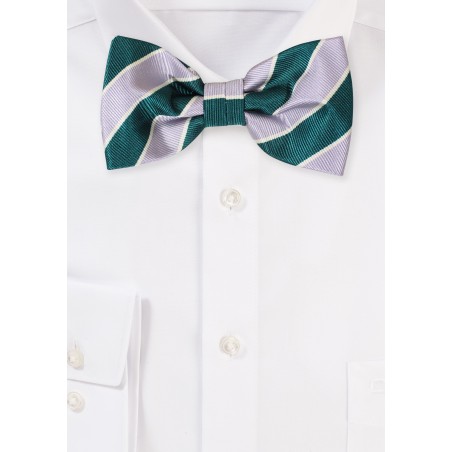 Hunter Green and Silver Gray Striped Bow Tie