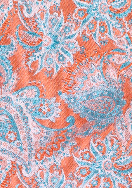 XL Tangerine Orange Necktie with Embroidered Paisley in Aqua