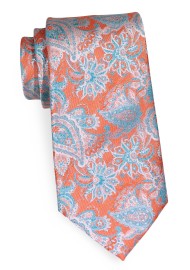 Tangerine Orange Necktie with Embroidered Paisley in Aqua