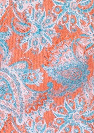 Tangerine Orange Necktie with Embroidered Paisley in Aqua