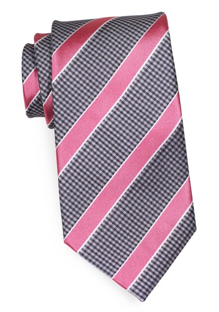 Extra Long Striped Houndstooth Check Tie in Pink and Gray