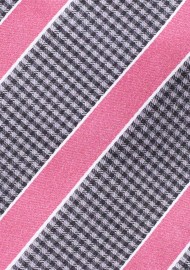 Extra Long Striped Houndstooth Check Tie in Pink and Gray