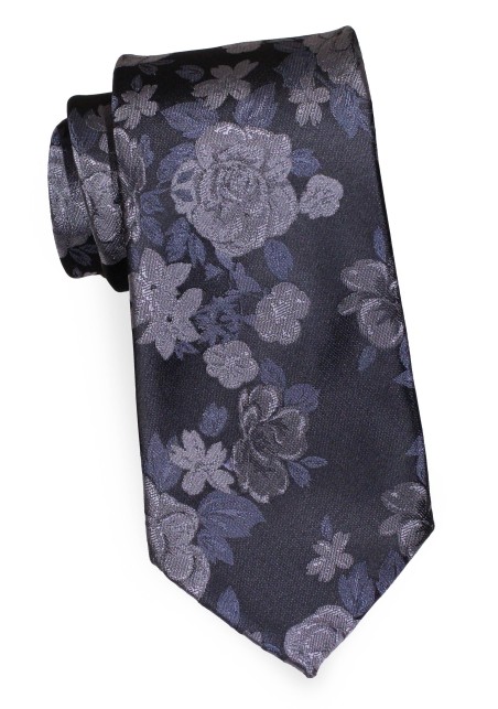 Charcoal Extra Long Necktie with Roses