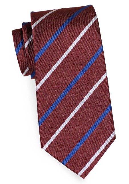 Dark Burgundy Necktie with Modern Stripes in Tan and Navy Blue
