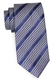 XL Length Houndstooth Checkered Striped Tie in Navy