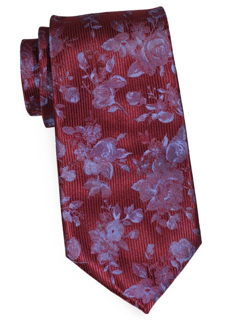 Burgundy Ribbed Textured Tie with Embroidered Florals in Gray