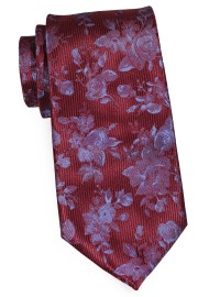 Extra Long Burgundy Ribbed Tie with Embroidered Florals in Gray