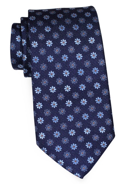 Dark Navy Necktie with Geometric Embroidered Florals