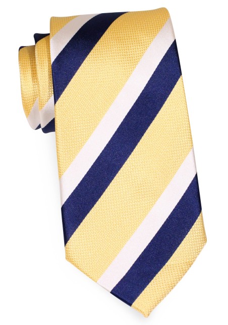 Rugby Striped Mens Tie in Butter Yellow, Navy Blue, and White