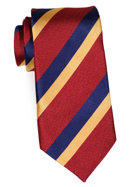 Rugby Striped Mens Tie in Burgundy Red, Golden, and Navy Blue