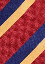 Rugby Striped Mens Tie in Burgundy Red, Golden, and Navy Blue