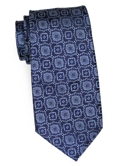 Woven Medallion Extra Long Tie in Navy and Silver