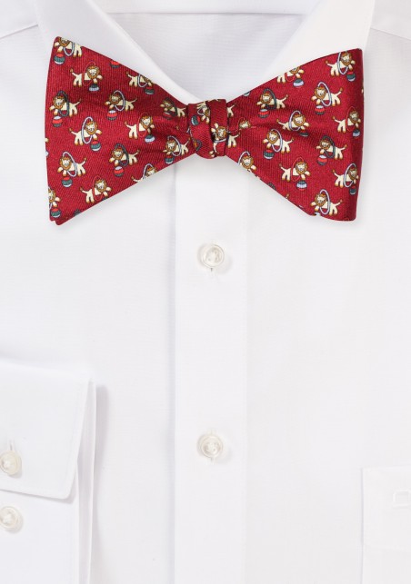 Self Tied Silk Bow tie with Circus Lion Print in Burgundy and Gold