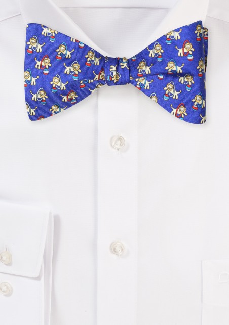 Self Tied Silk Bow tie with Circus Lion Print in Royal Blue and Gold