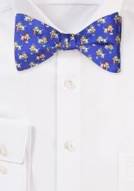 Self Tied Silk Bow tie with Circus Lion Print in Royal Blue and Gold