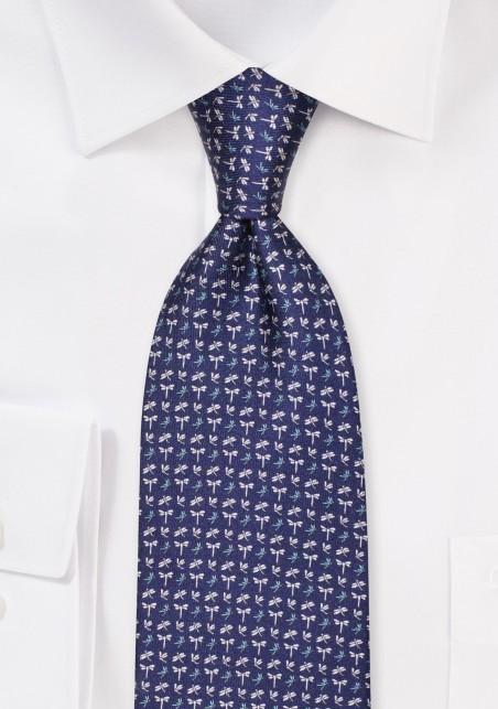 Navy Silk Tie with Dragonflies in Silver and Teal