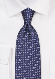 Navy Silk Tie with Dragonflies in Silver and Teal