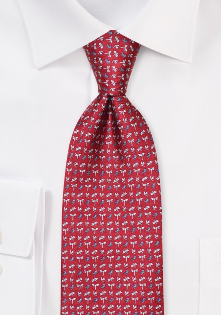 Burgundy Red Silk Tie with Dragonflies in Silver and Teal