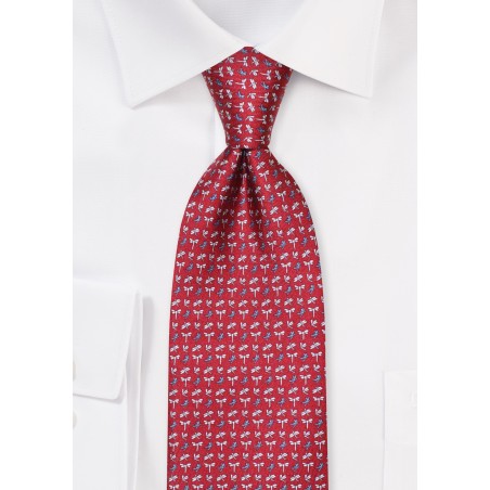 Burgundy Red Silk Tie with Dragonflies in Silver and Teal