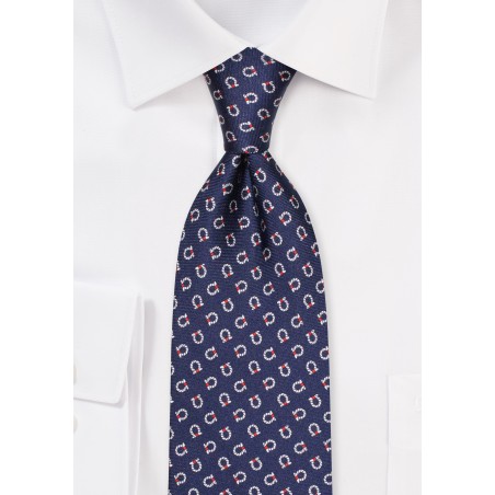 XL Length Mens Tie - Nautical Knot Print Tie in Navy Blue in 100% Silk