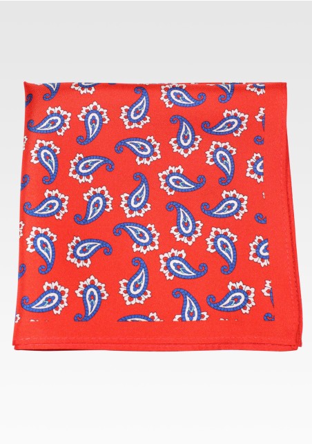 Bold and Print Red Silk Pocket Square with Paisley Pattern
