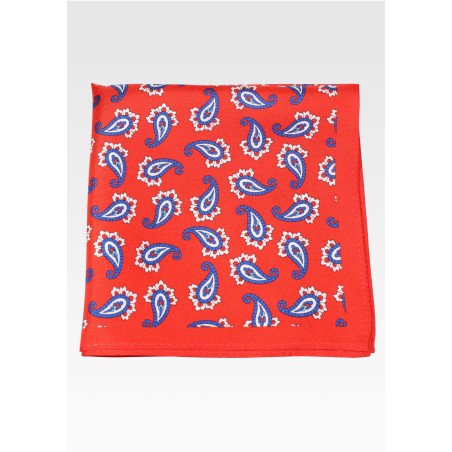 Bold and Print Red Silk Pocket Square with Paisley Pattern