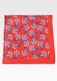 Bold and Print Red Silk Pocket Square with Paisley Pattern