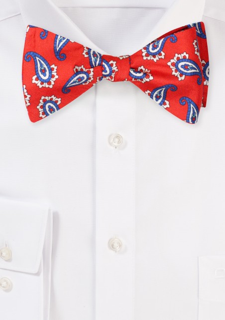 Self Tied Silk Bow Tie in Bright Red and Blue Paisley Print