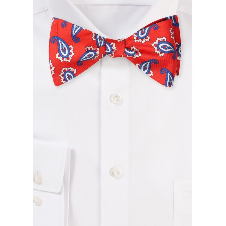 Self Tied Silk Bow Tie in Bright Red and Blue Paisley Print