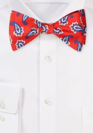 Self Tied Silk Bow Tie in Bright Red and Blue Paisley Print