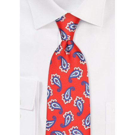 Bright Red Silk Necktie with Paisley Print in Classic Navy and Ivory
