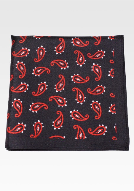 Jet Black Silk Pocket Square with Bright Red Paisley Print