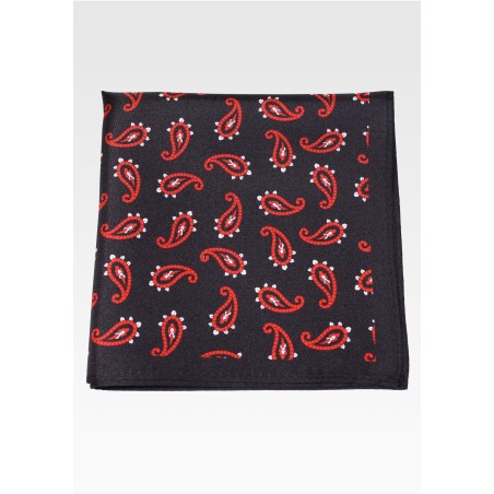 Jet Black Silk Pocket Square with Bright Red Paisley Print