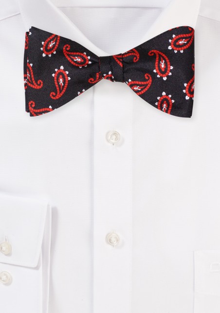 Black with Red Paisley Print Silk Bow Tie