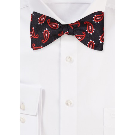 Black with Red Paisley Print Silk Bow Tie