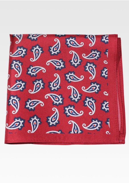Burgundy Silk Pocket Square with Modern Paisley Print in Navy and White