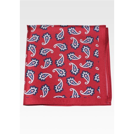 Burgundy Silk Pocket Square with Modern Paisley Print in Navy and White