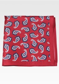 Burgundy Silk Pocket Square with Modern Paisley Print in Navy and White