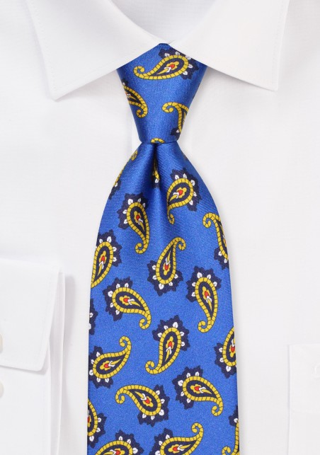 Luxury Silk Designer Tie in Marine Blue and Gold Paisley Print