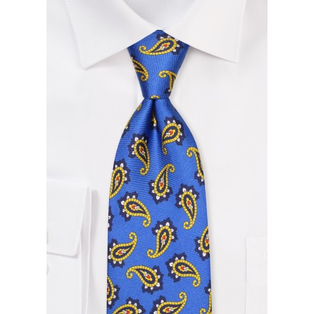 Luxury Silk Designer Tie in Marine Blue and Gold Paisley Print