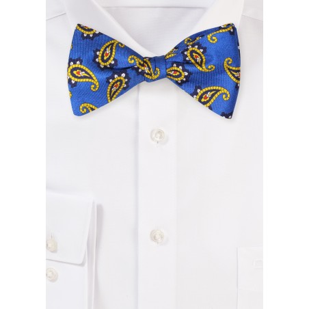 Marine Blue and Gold Paisley Bow Tie in Luxury Silk
