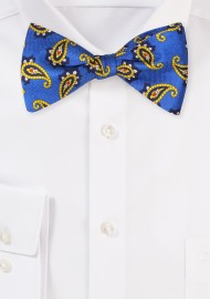 Marine Blue and Gold Paisley Bow Tie in Luxury Silk