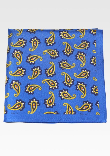 Marine Blue Silk Pocket Square with Gold Paisley Print
