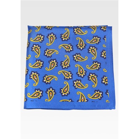 Marine Blue Silk Pocket Square with Gold Paisley Print