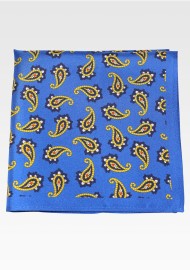 Marine Blue Silk Pocket Square with Gold Paisley Print